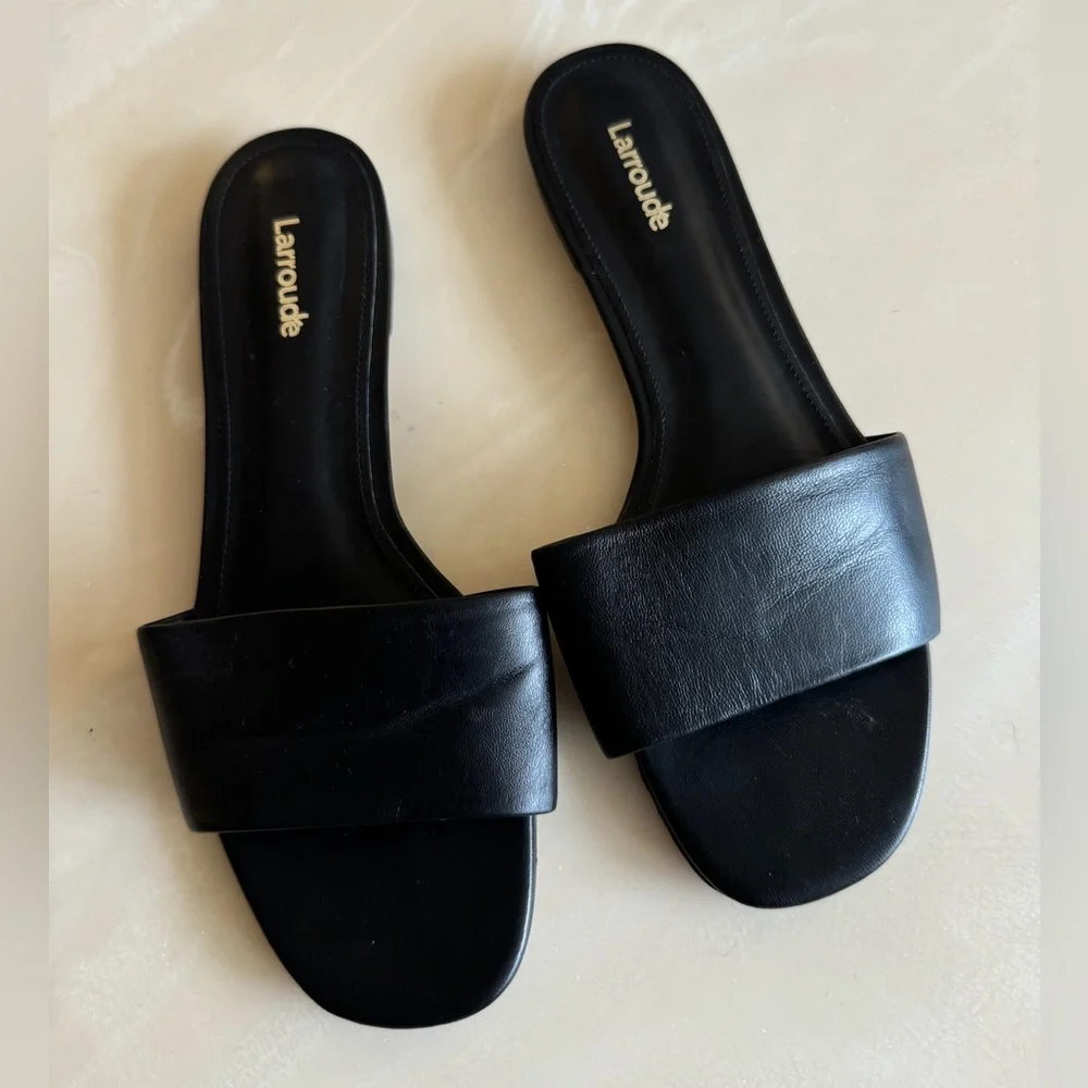 Larroude Black Leather Slide Sandals